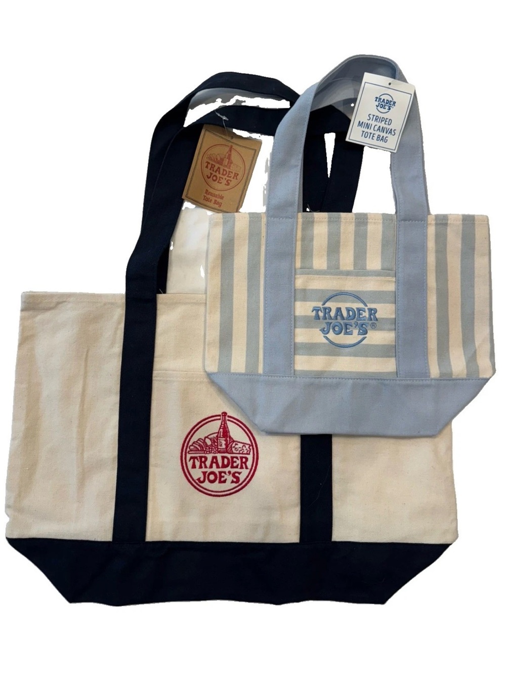 NWT Trader Joe's Canvas Tote Bag Set – Cream with navy & Light Blue Stripes
